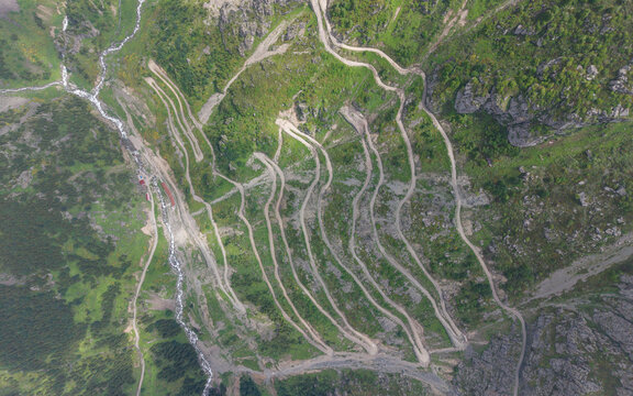 Aerial View of Derebasi Hairpin Bends in Bayburt and Soganli Pass in Gumushane Turkey Featuring Extreme Mountain Roads in the Black Sea Highlands