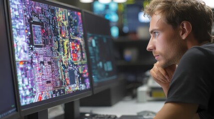 Fototapeta premium Man analyzing complex electronic circuit board design