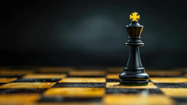 Black king chess piece standing on a wooden chessboard under dramatic lighting, shallow depth of field, symbolizing strategy, leadership, and victory