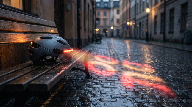 Smart bicycle helmet with red LED light projection on wet cobblestone street at night in the rain