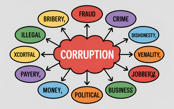 Corruption concept map with connected terms on a plain background for business and legal concepts