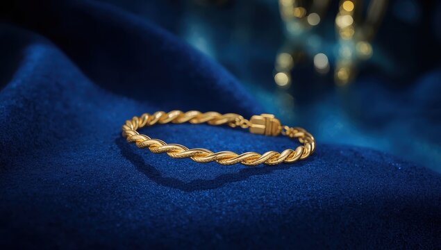 A pile of 24k Turkish gold twist bracelets against a dark blue backdrop in a jewelry store.