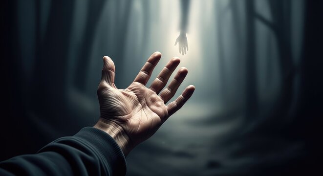 Human hand reaching into misty dark forest.
