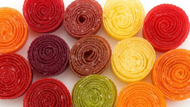 Isolated fruit leather rolls. Healthy plum apple pastila snack, natural fruit pulp dessert with spiral stripes on a white background.
