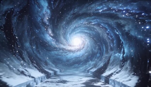 Surreal galaxy tunnel swirl in deep space vortex star dust spiral cosmic path glowing center fantasy night sky dream light nebula cloud sci fi background futuristic portal