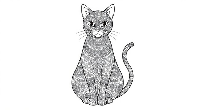 A cute cat with intricate black and white doodle patterns for coloring isolated on white background