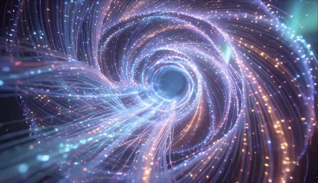Abstract light tunnel neon vortex data stream sci fi background futuristic swirl energy flow cosmic portal in deep space galaxy with glowing line light trail motion and particle stream