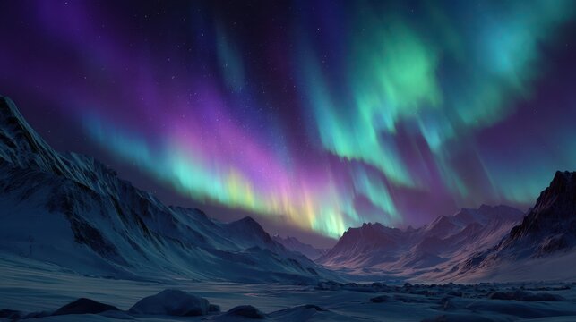 Vibrant aurora borealis over snowy mountain landscape