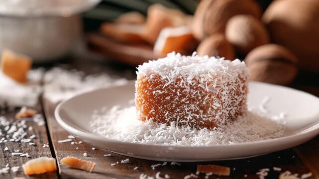 Small square coconut-coated sponge cake on a white plate, generously sprinkled with shredded coconut, set on a rustic wooden table with walnuts and baking pan in soft background