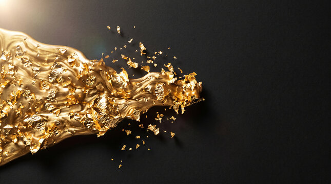 Luxury premium gold leaf flake scatter black abstract texture background for branding and product photography, flat lay with copy space on right