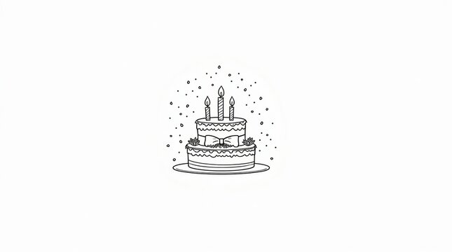 Black and white line drawing of a birthday cake with lit candles isolated on white background