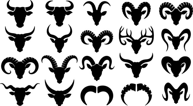 Variety of animal head silhouettes with horns and antlers vector illustration