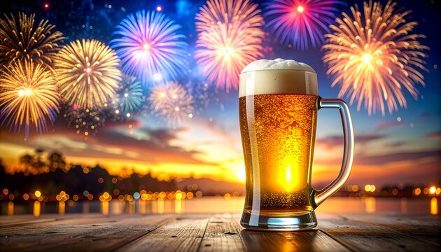 花火大会の夜に黄金のビールジョッキを500mm望遠で撮影した広告背景