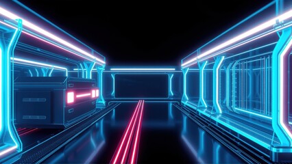 Fototapeta premium Futuristic corridor. Neon lights illuminate dark space. Sleek design suggests advanced technology, possibly spaceship interior. Reflections abound.