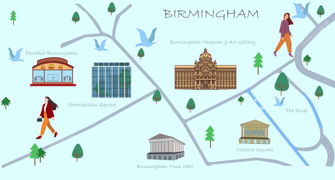 Birmingham City Illustrated Map with Landmarks, Streets and Characters &mdash; Vector Travel Illustration