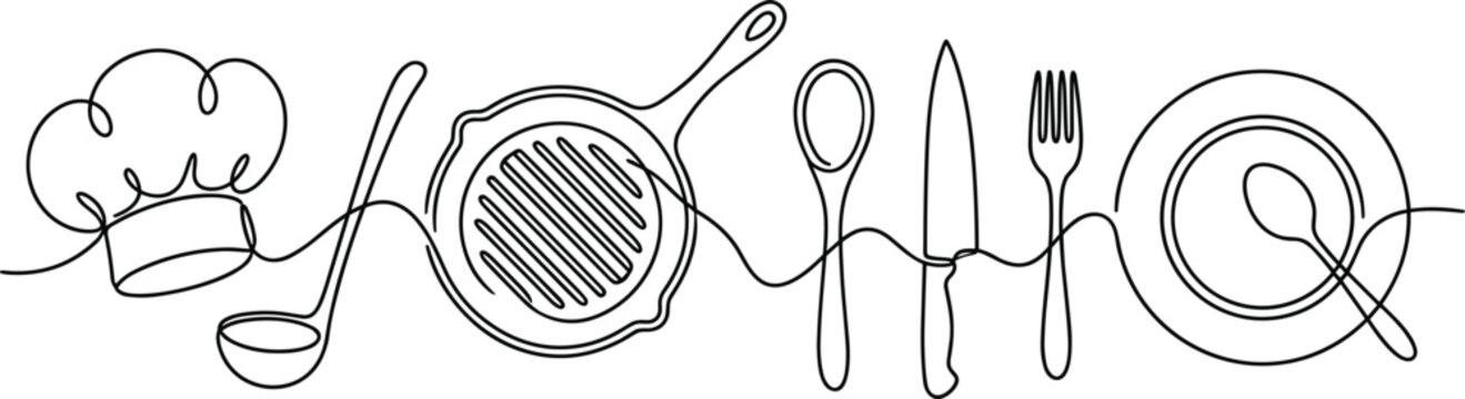 Kitchen utensils background with a single continuous drawing path of cooking pan knife fork hat and plate