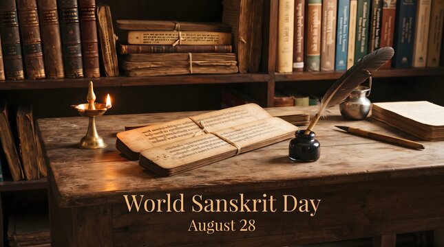 Old rustic desk with vintage scrolls inkwell feather pen and a lit lamp for sanskrit day.