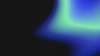 Minimal abstract textured backdrop with heavy film grain noise, smooth flowing curved gradient of deep royal blue and pale mint neon green glowing streak on black base. © yun visual