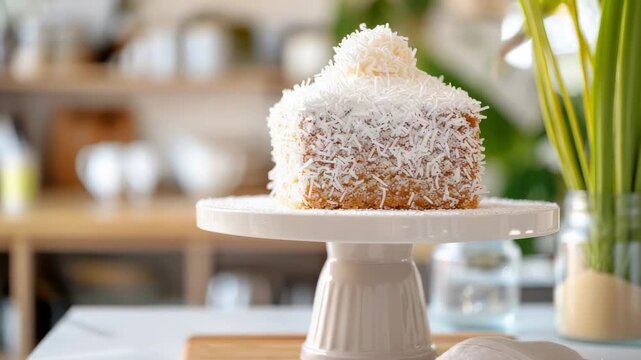 Square coconut-covered lamington on a white cake stand, shot in soft kitchen light with a blurred home-bakery background