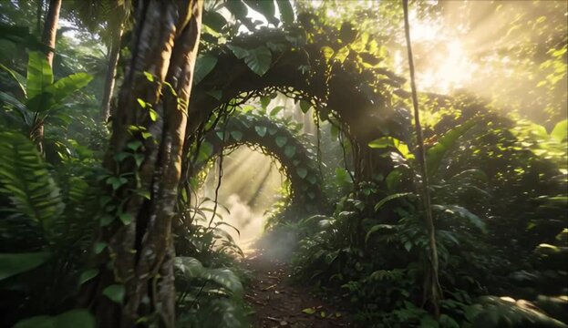 Mysterious jungle tunnel with vine arch and green leaf curve where sunlight and sunbeam stream through humid misty tropical rainforest forest path creating dreamy nature escape for adventure
