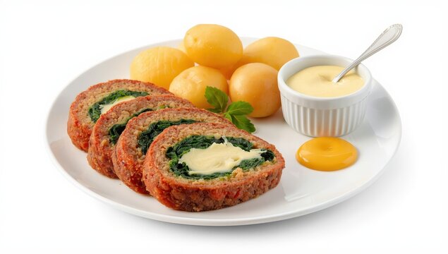 Rolled meatloaf slices filled with spinach and cheese, plated with boiled potatoes and a bowl of mayonnaise and mustard sauce, isolated on white.