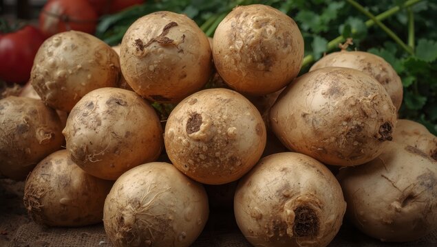 Uneven celeriac roots with textured, soil-speckled surfaces, stacked in a way that suggests freshness and rustic charm.