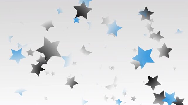 rising stars corporate fun backdround 4K animated motion video white backdrop with a star themed foreground of rising blue, black and grey faded star shapes floating up the screen
