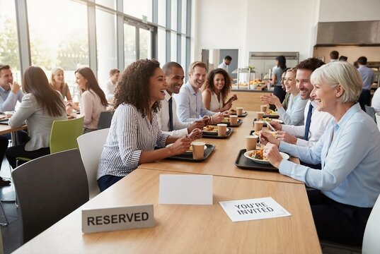 Diverse business team having lunch in modern office cafeteria. Colleagues talking and laughing during corporate break. Reserved table with invitation sign