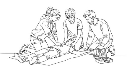 Obraz premium Group of Young People Performing CPR and First Aid Assistance Line Art