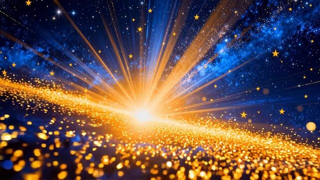 Starry night sky with golden light burst