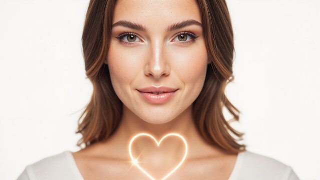 Portrait of young woman with glowing golden heart symbol. Heart health and wellness concept on white background. Love and compassion illustration