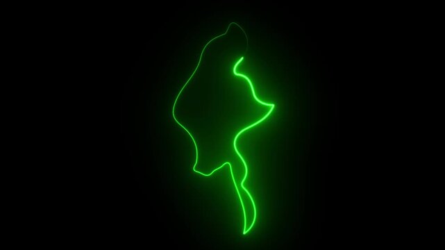 Dynamic neon green outline of Myanmar map contour glowing on black background abstract motion.