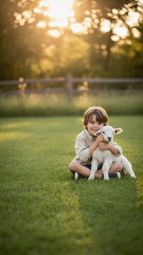 Young boy sitting on grass and hugging white lamb at sunset. Vertical portrait of child with baby sheep in backyard. Warm golden hour lighting with bokeh background