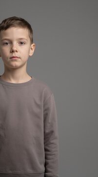 Vertical portrait of serious young boy in brown sweatshirt. Child on grey background with copy space for text
