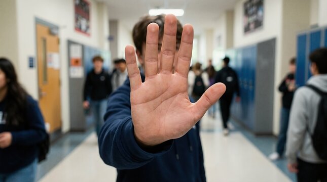 Hand showing stop gesture in school hallway. Concept of stopping bullying and setting boundaries. Students and lockers in blurred background