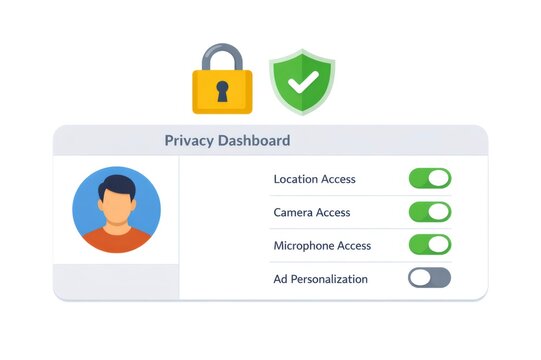 Internet user adjusting access permissions and personal data preferences on a privacy dashboard, ensuring digital security and control over information