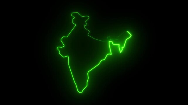 Neon green glowing outline map of India isolated on black background for digital presentation and motion graphic design projects.