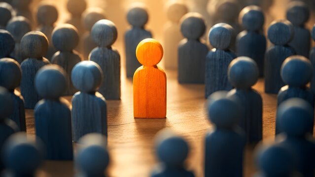 Brightly lit orange wooden figure standing out in a large crowd of dark shadowed figures illustrating individuality and uniqueness concept