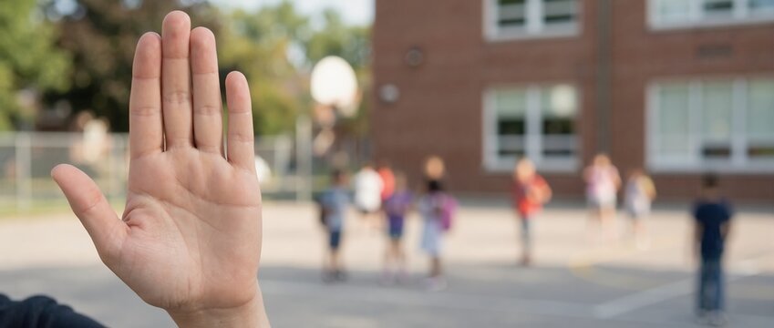 Close up of hand making stop gesture in front of school. Safety and protection concept. Blurred playground with children in background