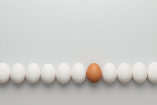 Horizontal row of eggs with one brown egg and copy space. Standing out from crowd concept. Minimalist background for text