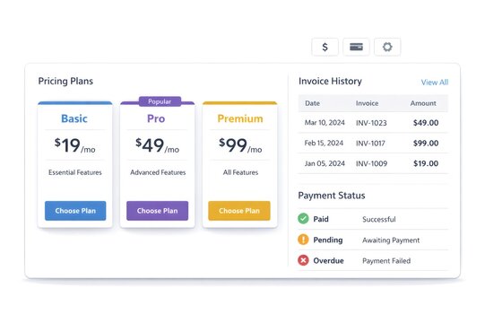 User interface displaying subscription pricing plans with options for basic, pro, and premium tiers alongside a detailed payment status dashboard featuring invoice history and current statuses
