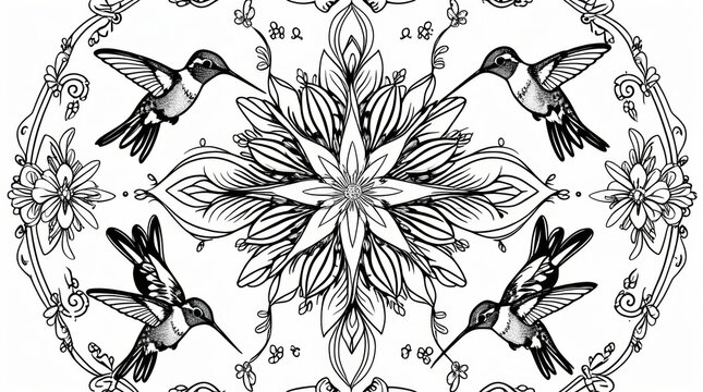 Hummingbirds and flowers mandala coloring page for kids and adults isolated on white background