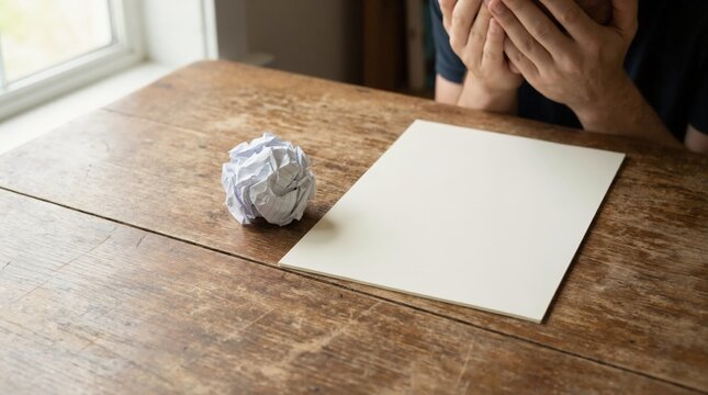 Frustrated person with hands on face at wooden desk. Writer's block and lack of inspiration concept. Blank sheet and crumpled paper on table