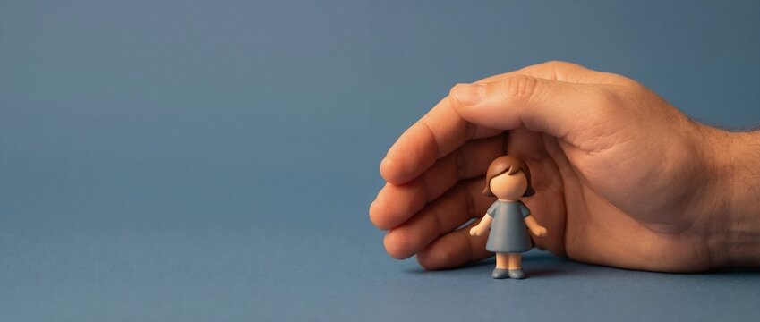 Adult hand protecting small female figurine on blue background. Concept of life insurance and child safety. Support and care for family members