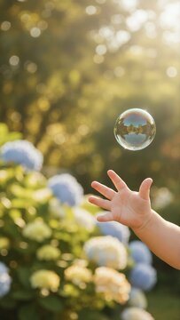 Child's hand reaching for floating soap bubble in sunny garden. Toddler playing outdoors with bubbles during golden hour. Vertical close up of childhood wonder