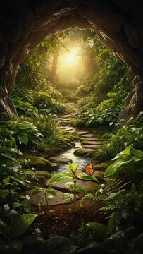 Stone path and stream leading through sunlit forest. Vertical view of butterfly on plant in lush woodland. Concept of journey and growth