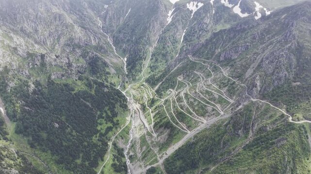 Cinematic Drone Footage of Derebasi Hairpin Roads in Bayburt and Soganli Pass in Gumushane Turkey Among Extreme Mountain Landscapes and Deep Valleys