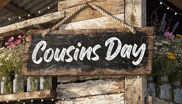 Rustic chalkboard sign reading Cousins Day with wildflowers and string lights.
