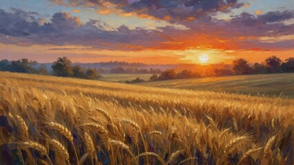 Obraz premium Golden wheat field landscape at sunset, thick impasto brushstrokes creating an impressionistic artwork