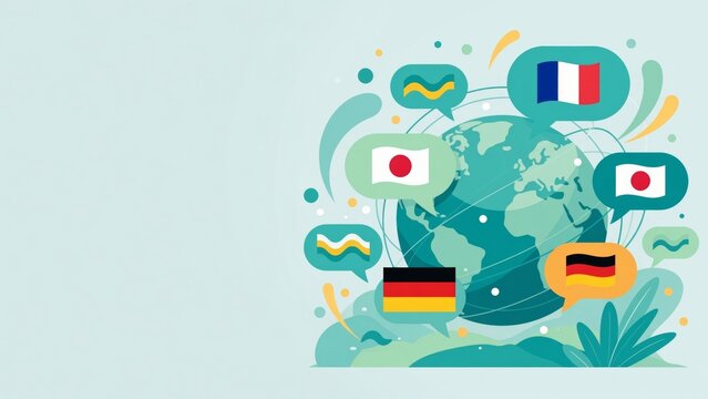 Global communication showing language diversity with world flags in speech bubbles for international understanding and travel